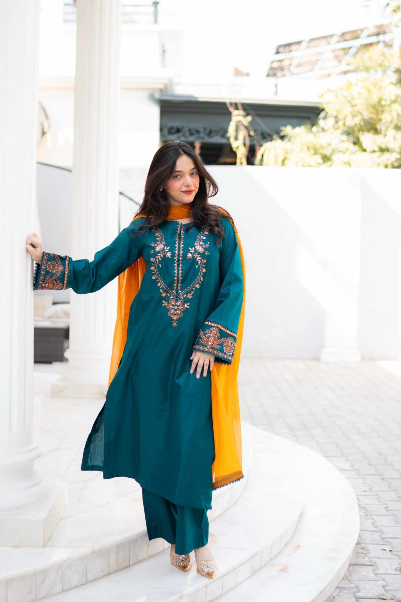 3 PIECE TEAL GREEN EMBROIDERED DRESS